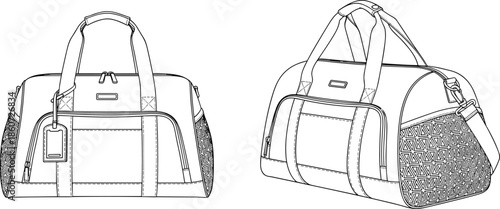 Black and white line of two views of a handbag purse luggage tag travel bag