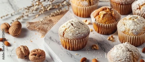 Image of Homemade gluten free pastry muffin presented elegantly marble top flour nut nearby sunlight creating gentle highlight inviting food scene photorealistic plain neutral background raw DSLR
