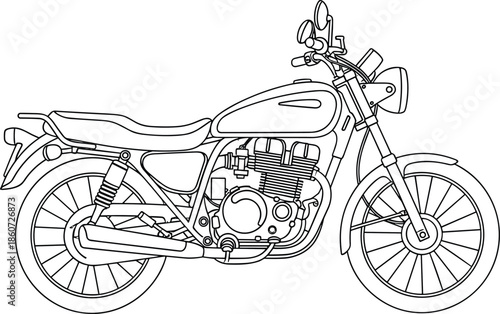 Black and white line of a classic motorcycle side view motorbike vehicle transportation