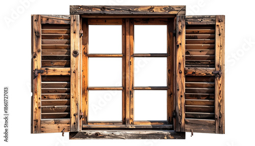 Weathered wooden window with shutters open, set against a black background