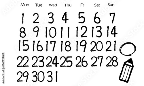 月曜から日曜のカレンダーに使える手描きの数字セット