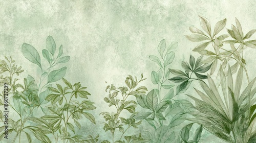 Gentle leaves in muted green hues, with watercolor texture forming an ethereal, dreamy scene