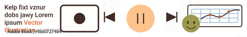 Workflow management, progress monitoring, data visualization, content creation, process automation, feedback systems. Camera icon, pause button performance graph smiling face. Workflow management