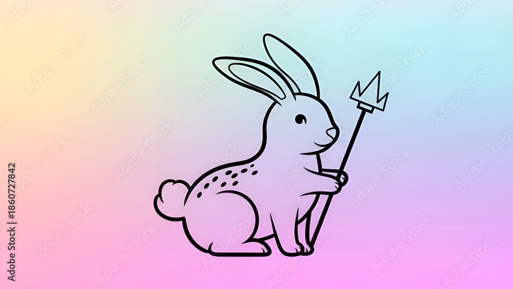Obraz premium Cute rabbit holding a trident on pastel gradient background
