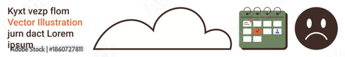 Weather, mood tracking, planning, scheduling, emotional awareness, meteorology. Cloud icon, calendar with marked date and unhappy face. Weather and mood tracking conceptual design