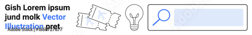 Innovation, creativity, exploration, ticketing systems, research, discovery. Ticket icons, search bar and a glowing lightbulb. Exploration and creativity through symbols of research and inspiration