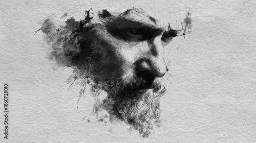 Abstract monochrome rendering of a bearded male face, fading into a smokey texture