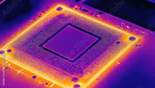 Thermal imaging of a computer processor, showing heat distribution.