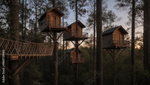 Three wooden treehouses connected by a rope bridge in a forest at dusk.