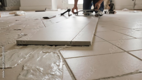 Tiling a floor with new tiles and adhesive during home renovation.