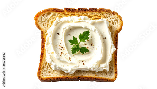 A square of toasted bread topped with whipped cream cheese and a sprig of parsley