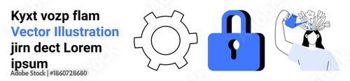 Gear symbolizing mechanisms, lock denoting security, and a woman watering flowers on her head representing creativity and growth. Ideal for innovation, security, creativity, problem-solving