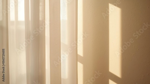 Tranquil Cloud Dancer 2026 interior scene with golden morning light filtering through neutral curtains, casting soft shadows on beige wall. Perfect for home decor, wellness, and lifestyle brands.