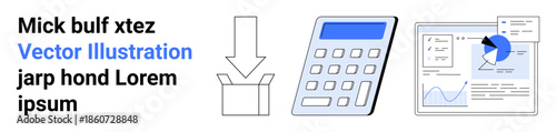 Business strategy, financial calculations, digital tools, download data, reporting, team collaboration. Includes icons of a calculator, download symbol and graphs. Business strategy and financial