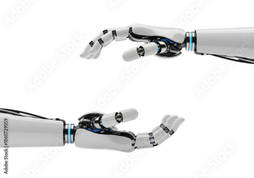 futuristic matte white android hands, articulated with blue light accents, delicately cupping an invisible object, isolated macro shot on a high-key white background. concept of artificial