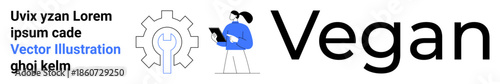 Technology, vegan products, business management, professional tools, digital solutions, corporate branding. Person holds a tablet next to gear symbol and text Vegan. Technology and vegan products