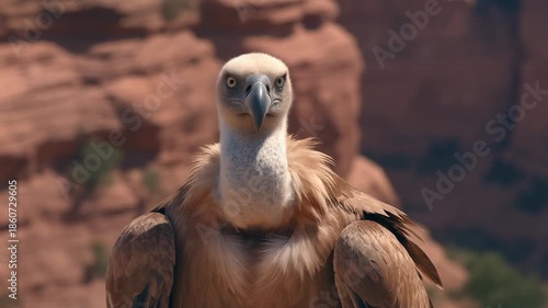 A close-up shot of a majestic vulture staring intently towards the viewer. The vulture's sharp eyes are focused, creating a sense of intensity and alertness