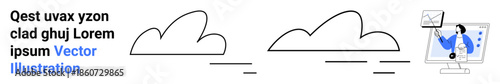 Cloud storage, data analysis, digital technology, remote access, information management, business analytics. Minimalist clouds and person examining data on a screen. Cloud storage and data analysis