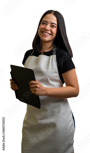 Smiling latina woman wearing apron holding a digital tablet for customer service