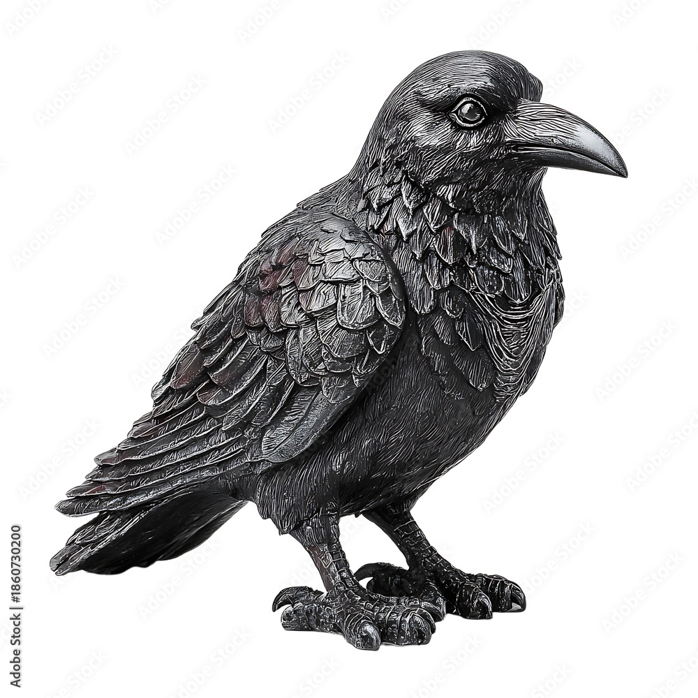 Fototapeta premium Detailed dark metallic raven figurine with textured feathers and claws