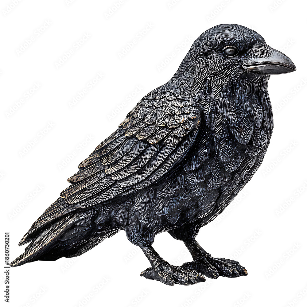 Fototapeta premium Detailed dark metallic raven sculpture with intricate feather textures