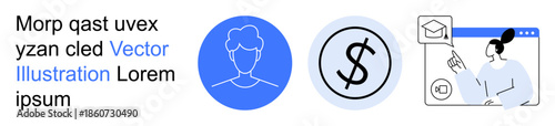 Digital identity, online learning, financial transactions, graphic design, user interface, remote work. Three icons including a user outline, currency sign and person video-chatting. Digital