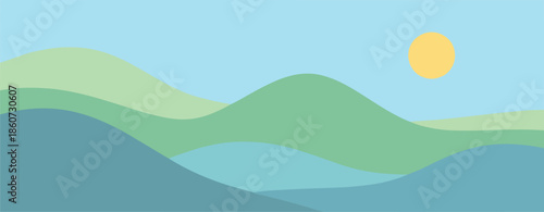 Bright Sun Over Minimal Stylized Hills Landscape.