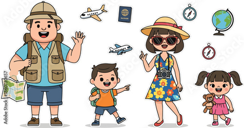 Cheerful traveling family cartoon group portrait.