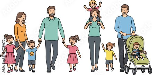 Diverse family group with parents and children standing together.