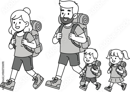 Family of four hikers with backpacks walking together.