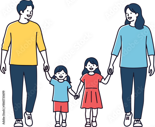 Family of Four Holding Hands Portrait Illustration.