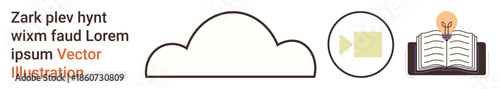 Online education, cloud technology, media storage, video communication, virtual learning, creative ideas. A cloud, video icon and book with light bulb. Online education and cloud technology theme