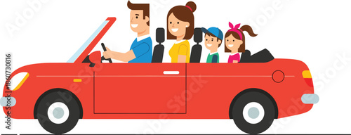 Family riding in a red convertible car.