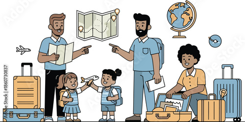 Family travelers with luggage and guide planning a trip.