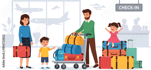 Family Travelers with Luggage at Airport Check In.
