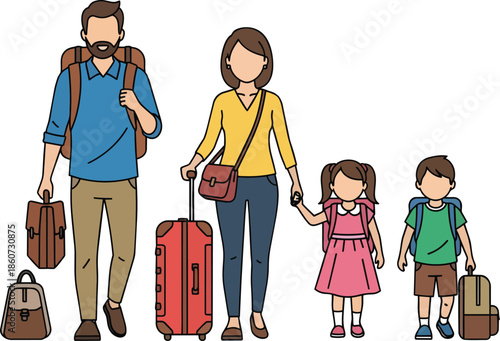 Family Traveling With Luggage And Backpacks Together.