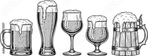 Beer glasses and mug with foam froth