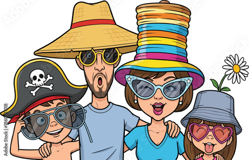 Group of four friends wearing colorful hats and sunglasses.
