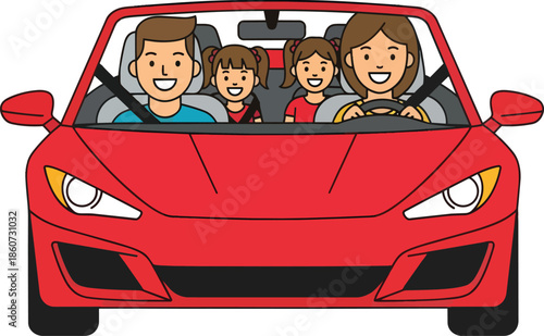 Happy family driving red car together.