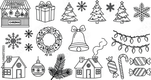 Black and white christmas including trees houses and candy christmas tree snowflake