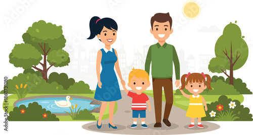 Happy family portrait featuring mother father and children.