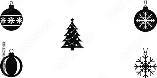 Black and white christmas tree and ornaments snowflakes