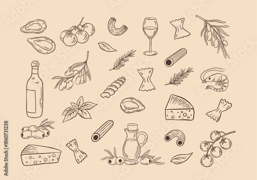 Hand drawn italian pasta ingredients with cheese, wine, basil,  seafood, herb, tomatoes and olive vector illustration. Mediterranean cuisine doodle set.