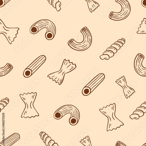 Seamless pattern of doodle italian pasta with macaroni, penne, fusilli and farfalle. Hand drawn vector illustration