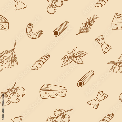 Seamless pattern of doodle italian pasta, cheese, tomatoes, olives and herbs on beige background. Hand drawn vector illustration