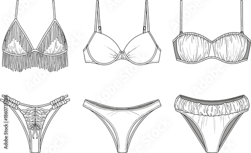 Black and white line of six lingerie underwear panties thong