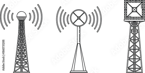 Black and white line of three communication towers with signal waves line radio towers