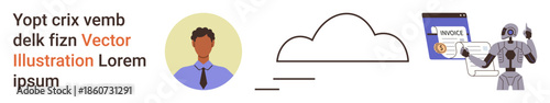Technology integration, digital transformation, AI in finances, cloud storage, automation, and business tools. Human silhouette, cloud icon and robot with an invoice. Technology integration
