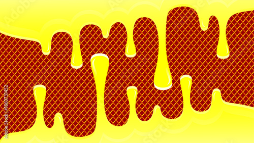 Vanilla ice cream drip on waffle background. Colorful vanilla ice cream drip illustration. Sweet vanilla ice cream flat design. Vanilla ice cream dessert illustration.