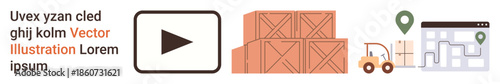 Supply chain, shipping, warehousing, logistics, cargo management, delivery planning. Stacked boxes, forklift location markers and map. Supply chain and shipping concepts